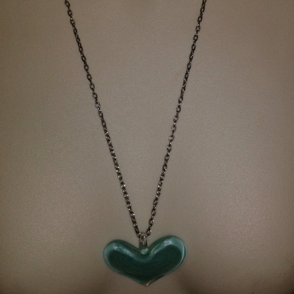 Large  Glass Heart  Pendant Necklace Silver Tone